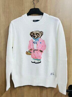 Polo Ralph Lauren White Pink Outfit Bear Crewneck Knit Sweater